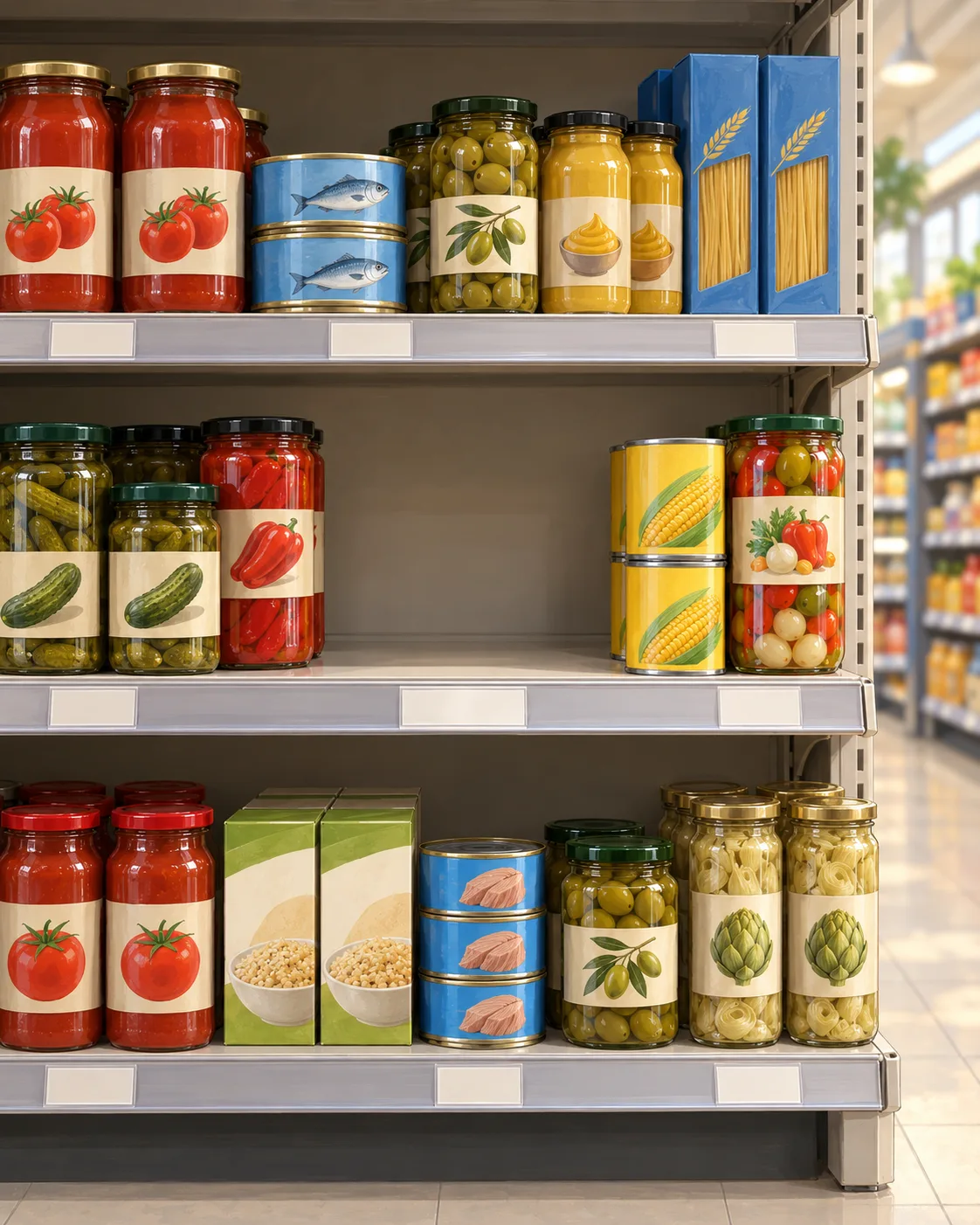 Prateleira de supermercado com espaços vazios entre os produtos