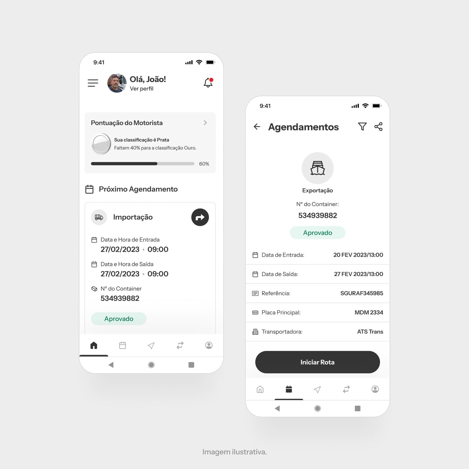 Telas do app dos motoristas, com agendamento e acompanhamento de visitas