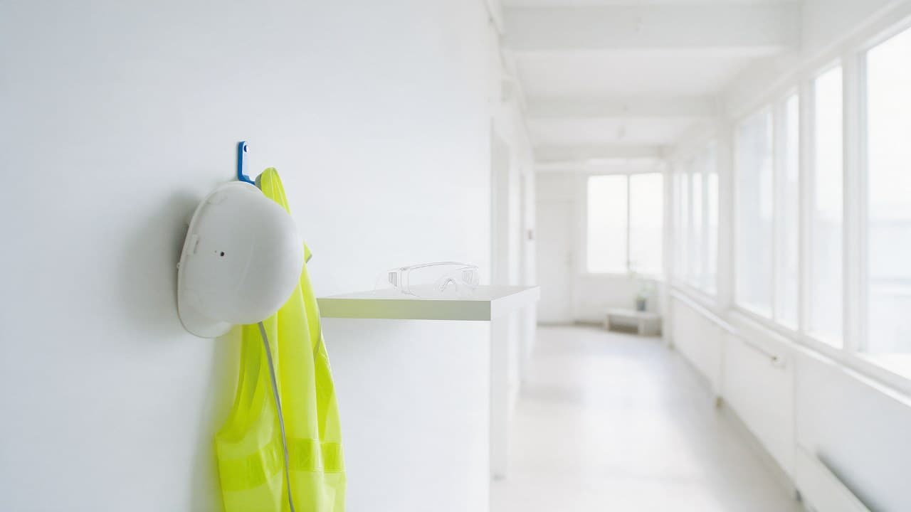 Capacete branco e colete de alta visibilidade pendurados num gancho, ao lado de óculos de segurança numa prateleira, em um corredor industrial claro e vazio