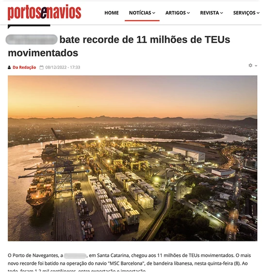 Recorte de imprensa sobre o recorde de 11 milhões de TEUs movimentados