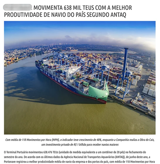 Recorte de imprensa sobre a melhor produtividade de navio do país segundo a Antaq