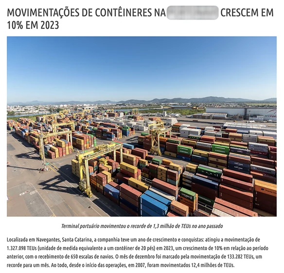 Recorte de imprensa sobre o crescimento de 10% na movimentação de contêineres em 2023