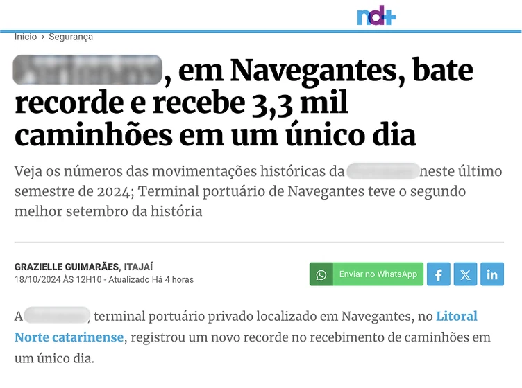 Recorte de imprensa sobre o recorde de 3,3 mil caminhões recebidos em um único dia