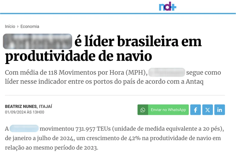Recorte de imprensa sobre a liderança nacional em produtividade de navio, com média de 118 movimentos por hora