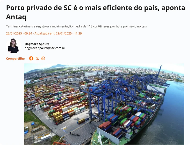 Recorte de imprensa sobre o porto privado mais eficiente do país segundo a Antaq